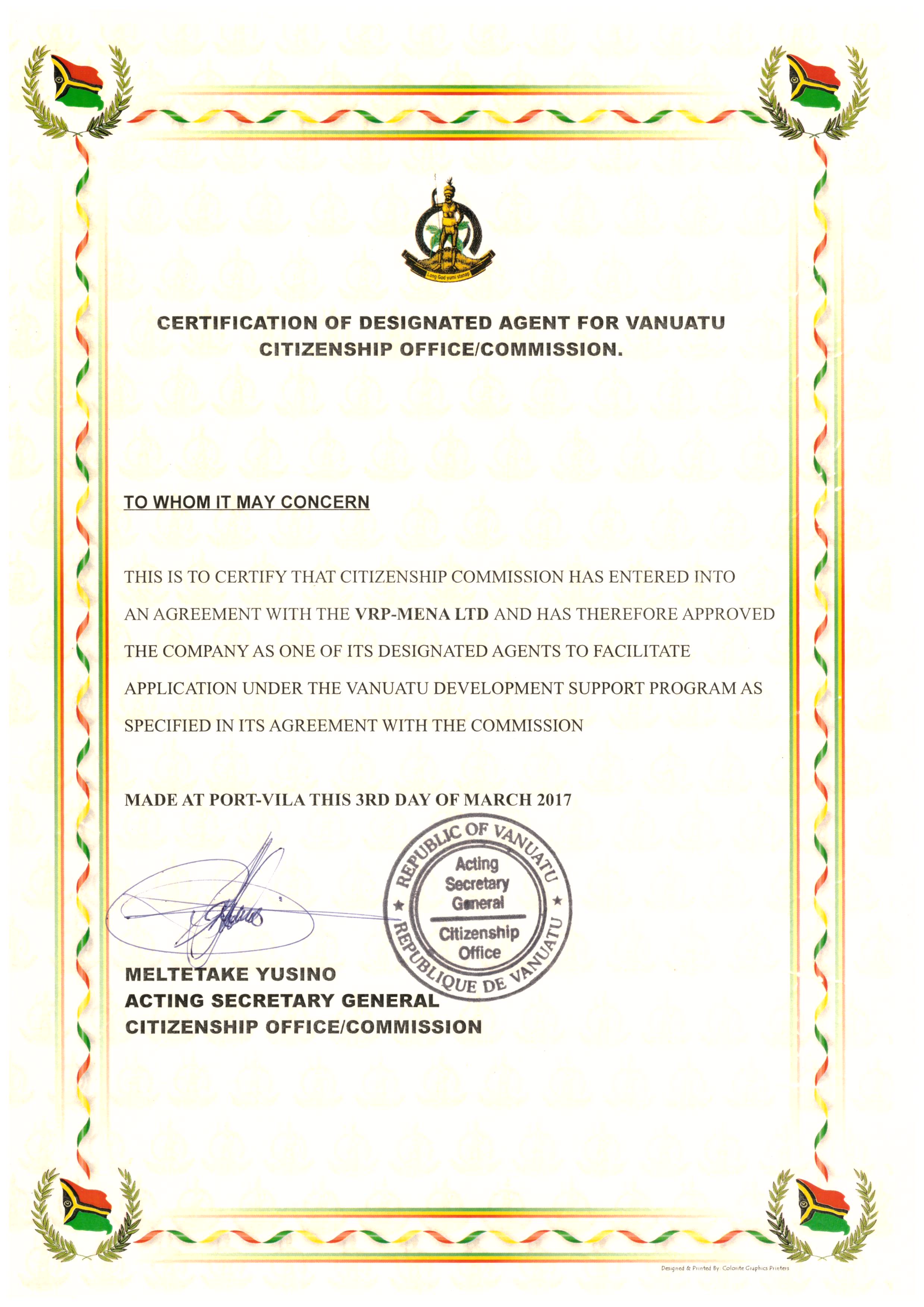 CERTIFICATION FROM VANUATU CITIZENSHIP OFFICE COMMISSION